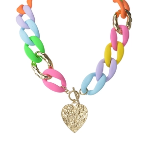 Colorful acrylic and gold heart pendant necklace with chunky links in dopamine style