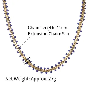 Gold-plated braided chain necklace with blue beads, 41cm length and 5cm extension