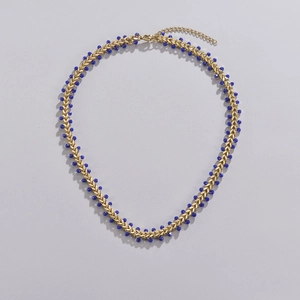 14K gold plated stainless steel necklace with dark blue beads and adjustable chain