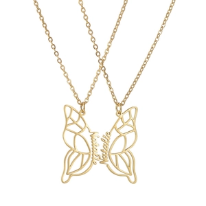 Golden stainless steel butterfly necklace set with personalized Natalie laser engraving