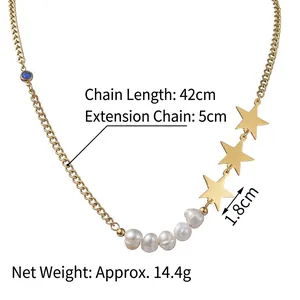 Collier en acier inoxydable doré 14K avec étoiles, perles blanches et gemme bleue