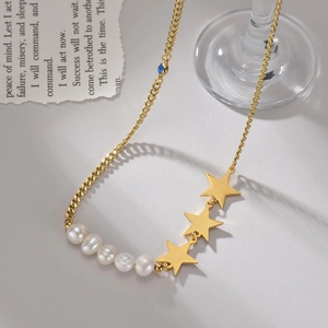 Collier Pendentif Étoile Acier Inoxydable Plaqué Or 14K Künstliche Perle Imitation Pierre Bleue Mode Chaîne Asymétrique Bijoux Femmes