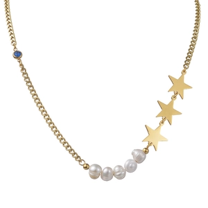 Collier en acier doré 14K avec étoiles, 5 perles et une pierre de saphir bleu brillant