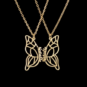 Golden stainless steel butterfly necklace with custom Natalie name cutout on O-chain