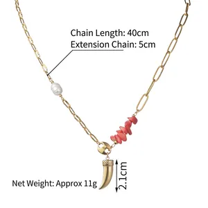 14K gold-plated stainless steel necklace with Baroque pearl and red gravel beads pendant