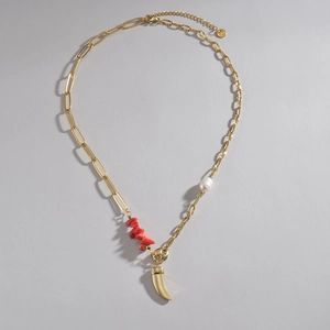 14K gold plated stainless steel necklace with red gravel stone and pearl pendant
