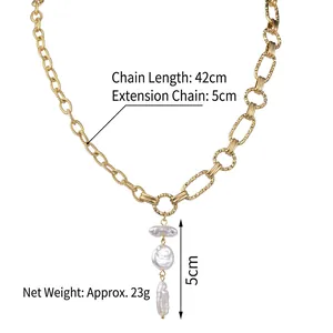 Collana in acciaio inossidabile placcato oro 14K con ciondoli perle barocche, 42cm più 5cm