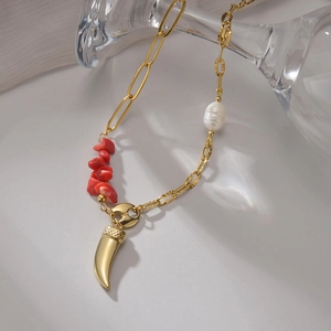 Asymmetric Stainless Steel Necklace 14K Gold Plated With Artificial Baroque Pearl Red Crushed Stone Horn Pendant Niche Fashion Jewelry