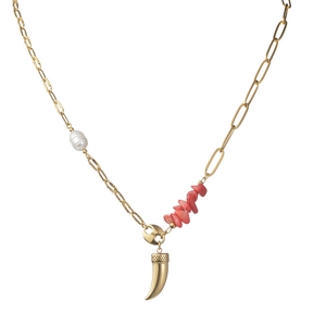 14K gold plated necklace with asymmetric red coral beads and pearl horn pendant