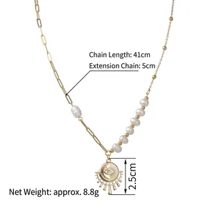 Collier en acier inoxydable plaqué or 14K avec pendentif œil de soleil et perles