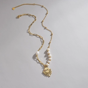 Collier doré en acier inoxydable avec pendentif œil du soleil, perles et chaîne