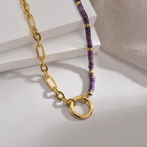 Collier Épissé Asymétrique Acier Inoxydable Plaqué Or 14K Künstliche Perle Baroque Lapis-Lazuli Pierre Violette Bijoux Vintage Pour Femmes