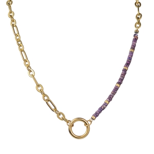 Collier plaqué or 14K style français avec pierre mauve et maillons trombones chic