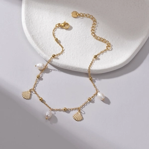 Minimalist 14K gold plated anklet with white pearls and scalloped shell charms for women