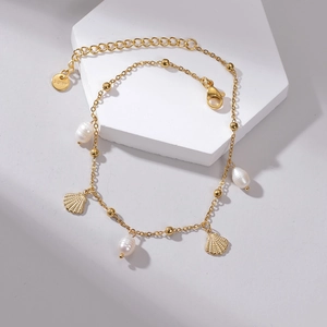 Artificial Pearl Shell Pendant Anklet Stainless Steel Gold Plated Foot Chain For Women Adjustable Elegant Beach Jewelry