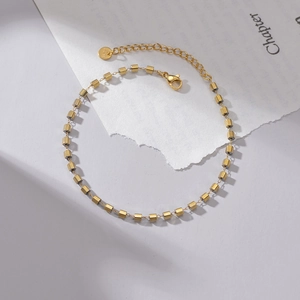Minimalist 14K gold plated stainless steel anklet with geometric tube beads and lobster clasp