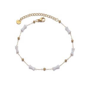 Bracelet de cheville en acier doré 14K avec perles blanches en forme d'os et fermoir
