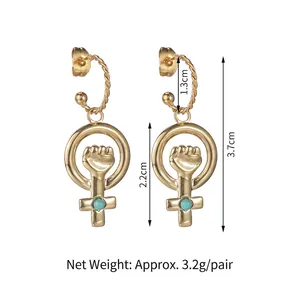 14K gold plated stainless steel female symbol earrings with turquoise stone, 3.7cm length