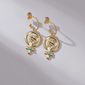 Stainless Steel Venus Symbol Cross Female Power Fist Dangle Earrings With Turquoise Bead Gold Plated Feminist Jewelry