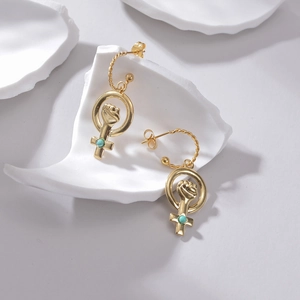 14K gold plated Venus symbol earrings with turquoise bead and twisted wire details