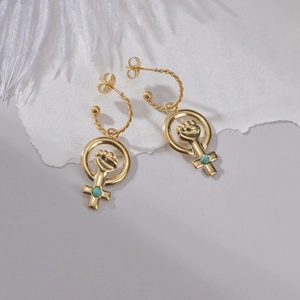 14K gold hollow round cross earrings with feminine venus symbol and turquoise bead