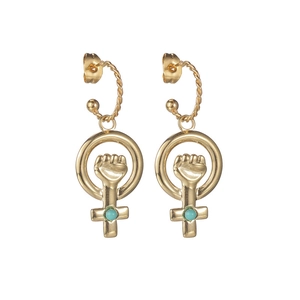 14K gold-plated female power earrings with turquoise beads and fist relief on white background