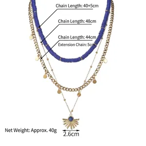 Three-layer 14K gold plated bohemian necklace set with blue beads and sun pendant