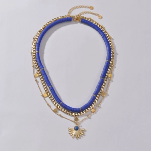 Three-layer bohemian 14K gold plated necklace with blue Heishi beads and sun pendant