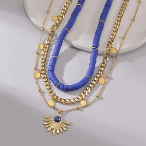 Bohemian Multi Layered Necklace Stainless Steel Gold Plated Sun Pendant Blue Gemstone Ethnic Heishi Beaded Chain For Women