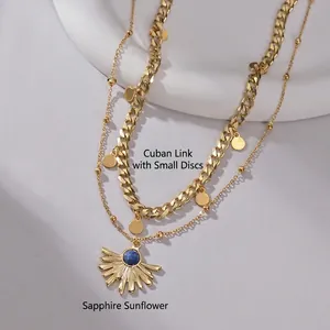 Detail of 14K gold-plated double-layer necklace with sunburst pendant and blue gemstone