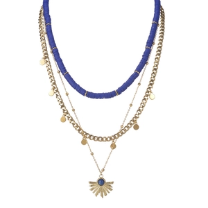 Three-layer bohemian 14K gold-plated necklace with blue clay beads and sunflower pendant