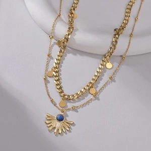 Layered 14K gold plated necklace with sun pendant, blue stone and bead chain