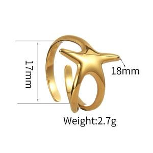 Bague ouverte étoile de mer en acier inoxydable doré avec finition polie de 17x18mm