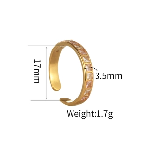 Gold plated stainless steel square crystal open ring for women with 17mm inner diameter