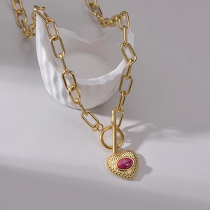 Edelstahl Herz Anhänger Halskette 14K Vergoldet OT Verschluss Büroklammer Kette Rosa Stein Vintage Schmuck Damen