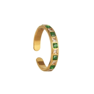 Detail of 18K gold adjustable ring with emerald and zircon square cut stones