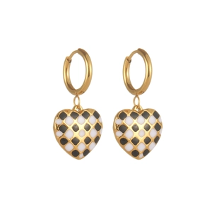 Chic gold-plated heart earrings featuring a stylish black and white checkerboard pattern