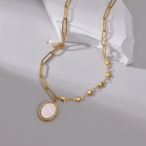 Collana Catena Asimmetrica Graffetta Cuore Vintage Francese Acciaio Inossidabile Placcato Oro Pendente Madreperla E Perla Artificial