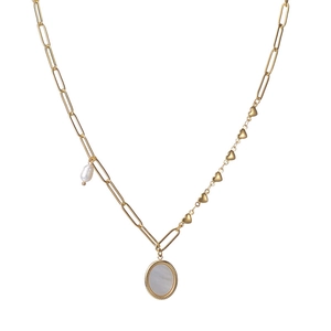 Collana vintage francese in acciaio inossidabile placcato oro 14K con perla e cuore