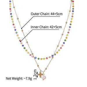 Collier vintage français perles colorées avec croix en acier inoxydable 14K or et pendentif perle