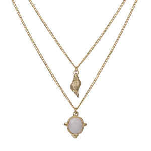 Französische Vintage Doppel-Halskette mit 14K Gold, Muschel- und rosa Steinanhänger