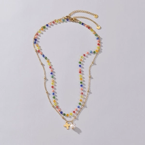 Collier de perles vintage français avec pendentifs croix et perle en acier inoxydable