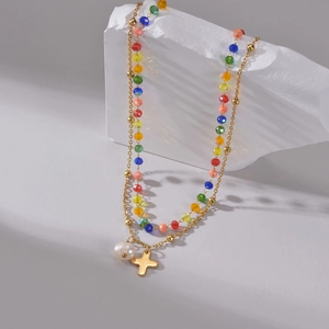 Collier Double Couche Rétro Français En Acier Inoxydable Plqué Or 14K Künstliche Perles Colorées Pendentif Croix Et Künstliche Perle Chaîne De Clavicule Bohème Pour Femmes