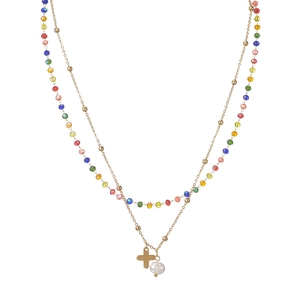 Collier vintage perles colorées avec croix dorée et pendentif perle irrégulière