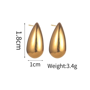 Minimalist gold teardrop stud earrings in polished metal finish measuring 1.8cm x 1cm
