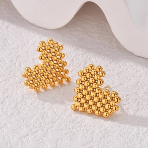 Minimalist gold heart stud earrings crafted with metal bead clusters on white backdrop