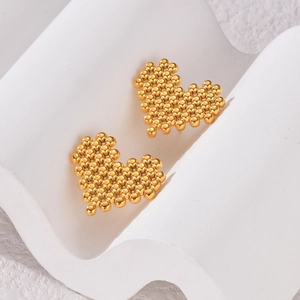 Elegant gold beaded heart stud earrings crafted from premium polished stainless steel