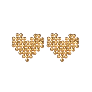 Minimalist gold heart stud earrings featuring a unique textured pixelated metal ball design