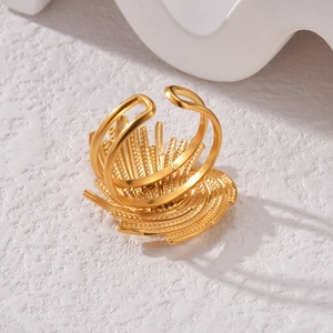 Detail view of the golden adjustable ring featuring an elegant radial fan texture