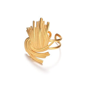 Gold stainless steel sunburst ring with a unique radial design and adjustable double band